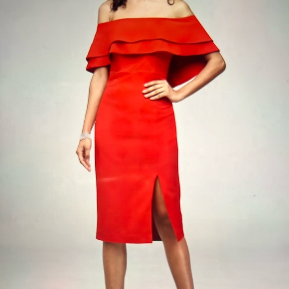 Flounced crepe off-the-shoulder sheath dress - Picture 1 of 5